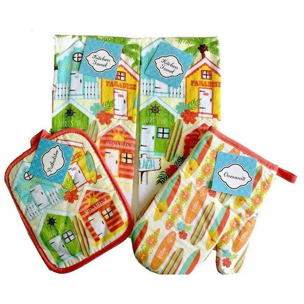 Nautical Oven Mitt Potholder Dish Towels Set of 4 Surfboard Paradise Beach House